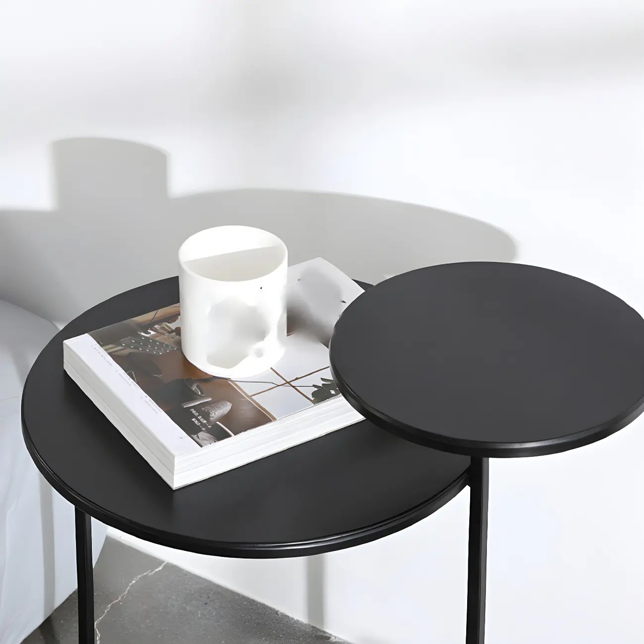 Minimalist Round Metal Bedside Table in Black without Storage Image - 14 | homeyfad
