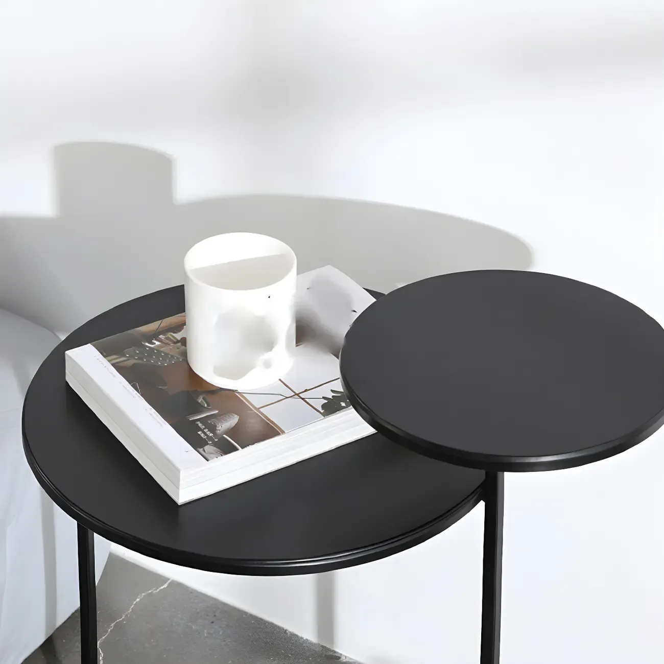 Minimalist Round Metal Bedside Table in Black without Storage Image - 14