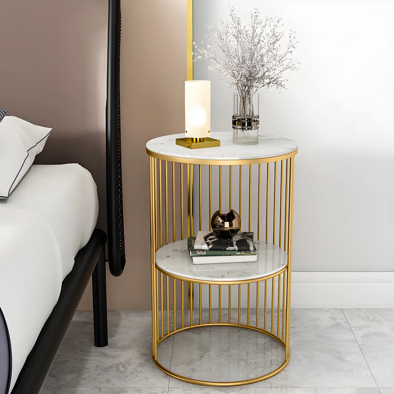 Modern Metal Bedside Table with Open Shelf in Cylindrical Shape Image - 2 | homeyfad