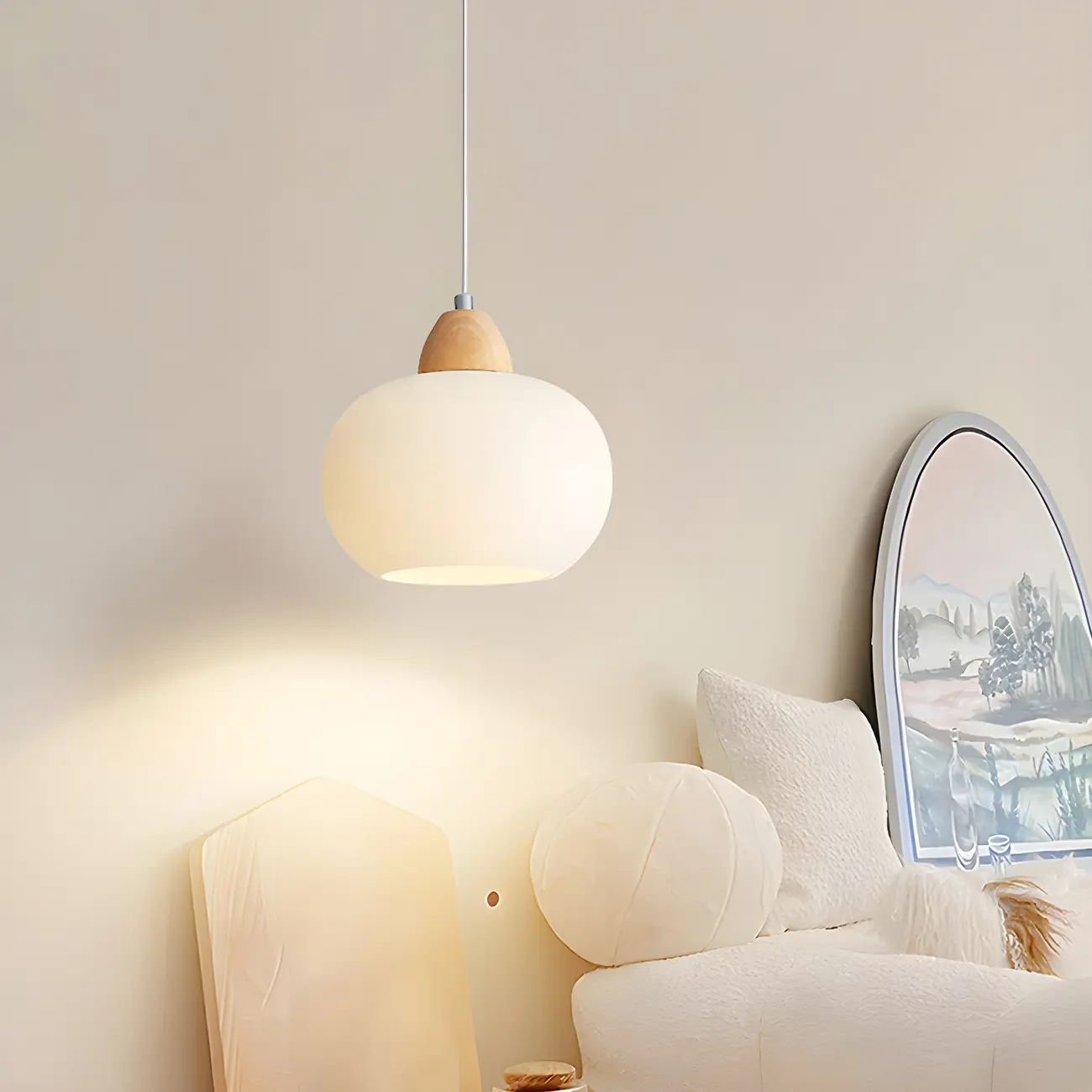 Modern Pebble-Shaped Cream Glass LED Pendant Lamp for Bedside Image - 2 | homeyfad