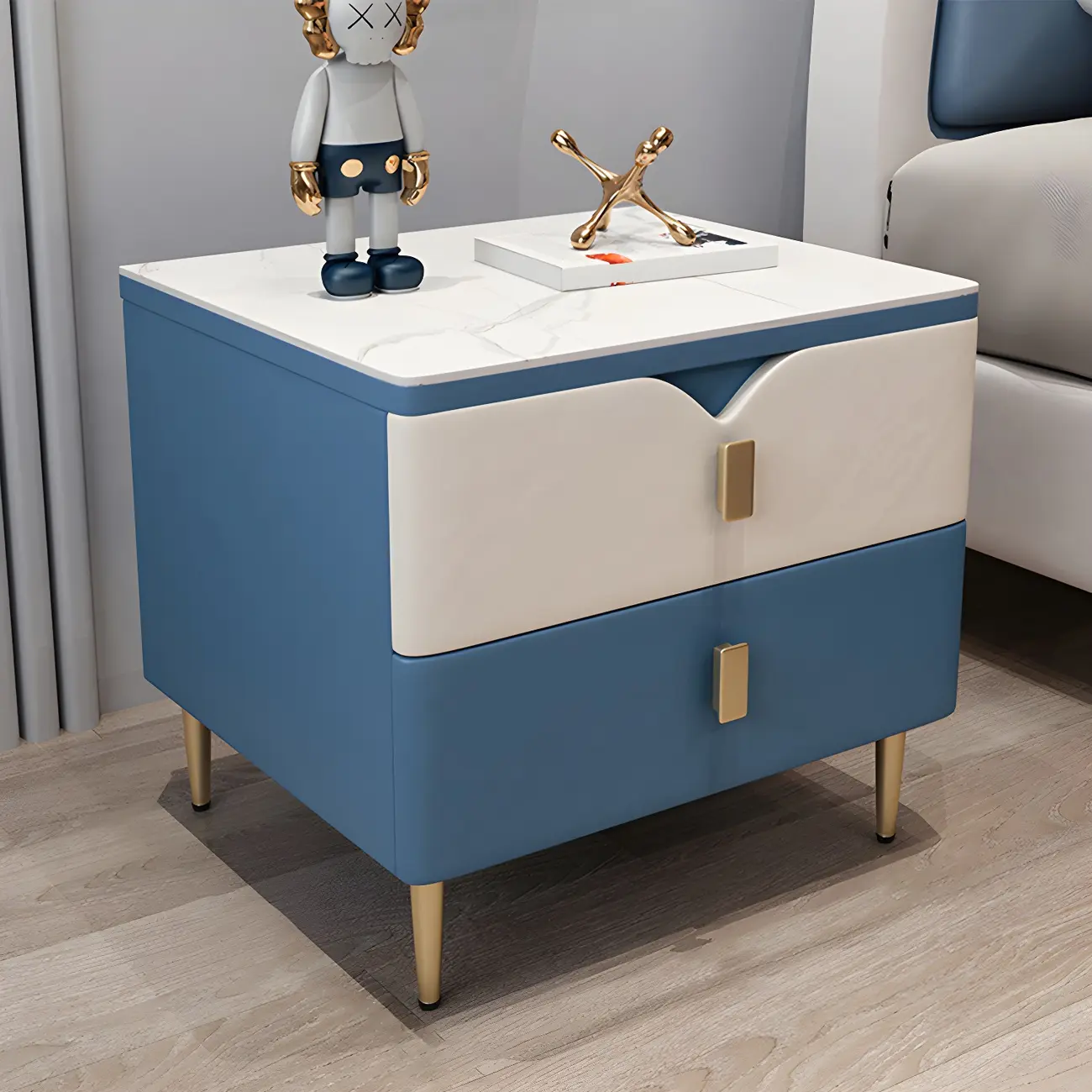 Modern Wooden Color Block Bedside Table with Stone Top 2 Drawers Image - 6 | homeyfad