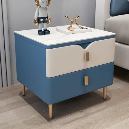 Modern Wooden Color Block Bedside Table with Stone Top 2 Drawers Image - 6