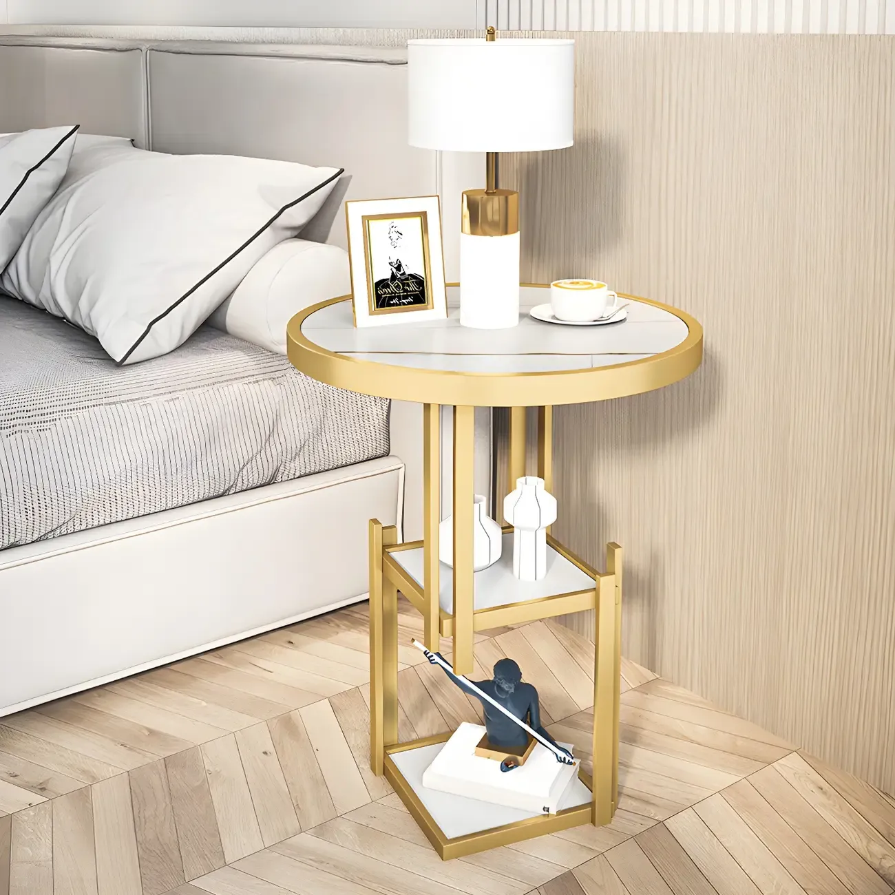 Simplistic Metal Round Nightstand with Open Cubby Marble Top Image - 2