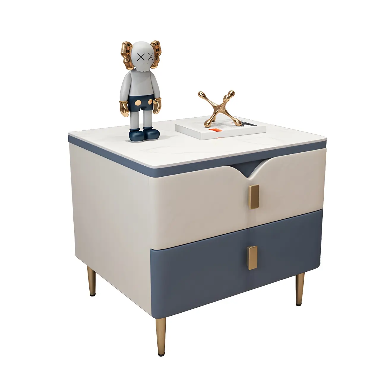 Modern Wooden Color Block Bedside Table with Stone Top 2 Drawers Image - 7 | homeyfad