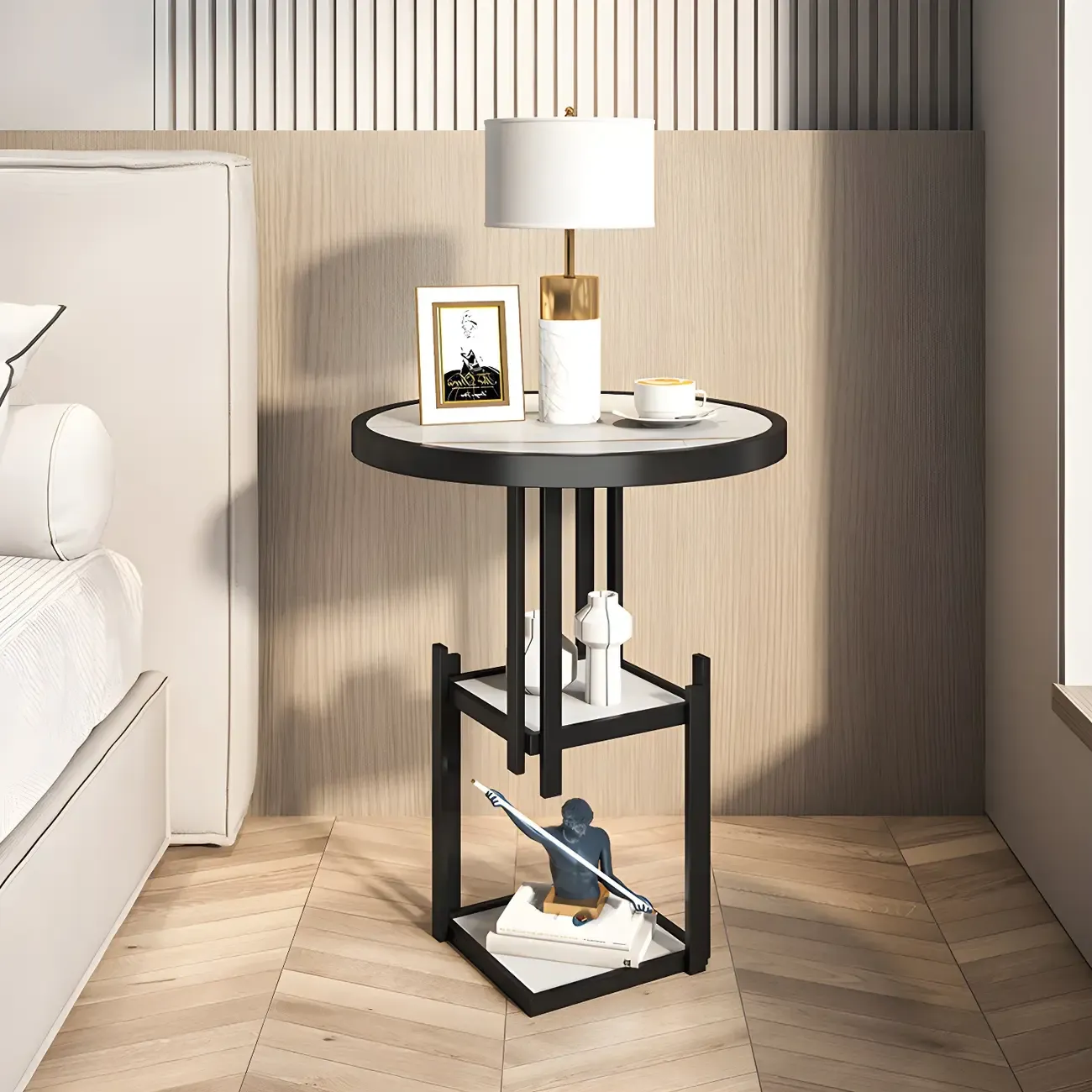 Simplistic Metal Round Nightstand with Open Cubby Marble Top Image - 3