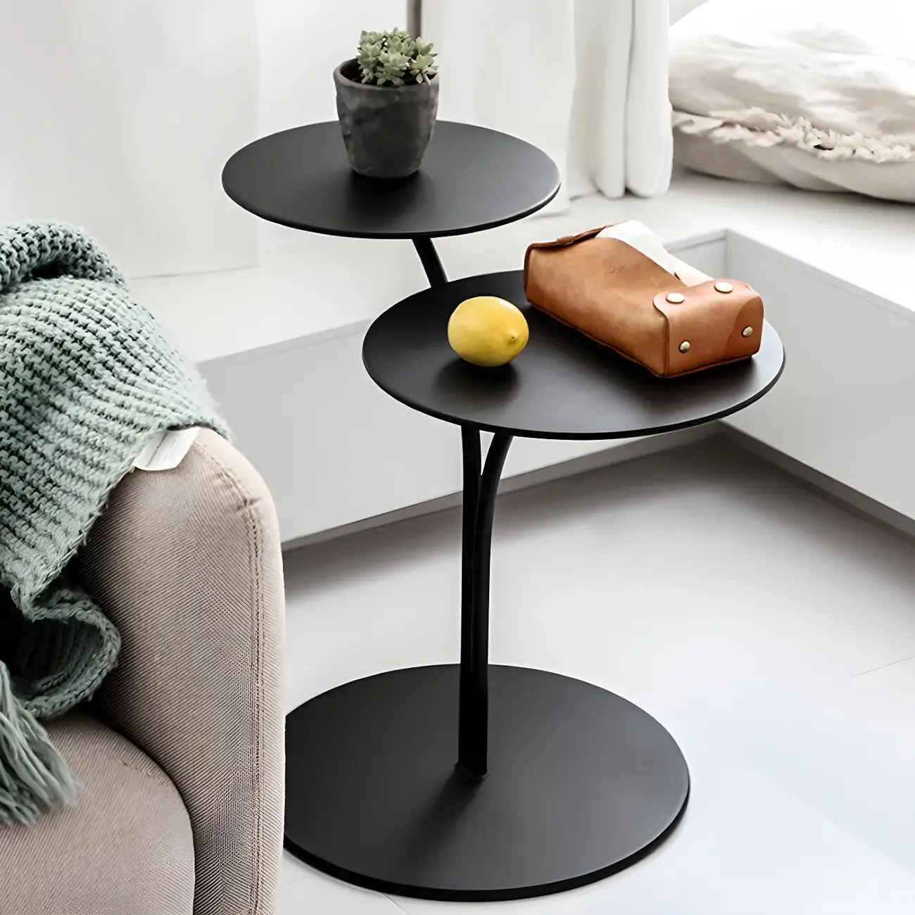 Minimalist Round Metal Bedside Table in Black without Storage Image - 16