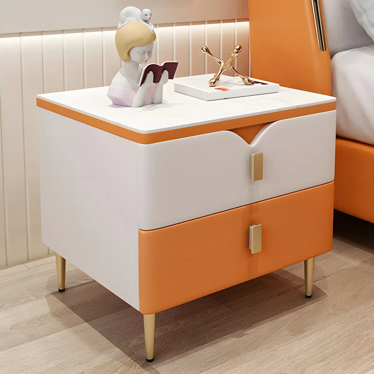 Modern Wooden Color Block Bedside Table with Stone Top 2 Drawers Image - 8 | homeyfad