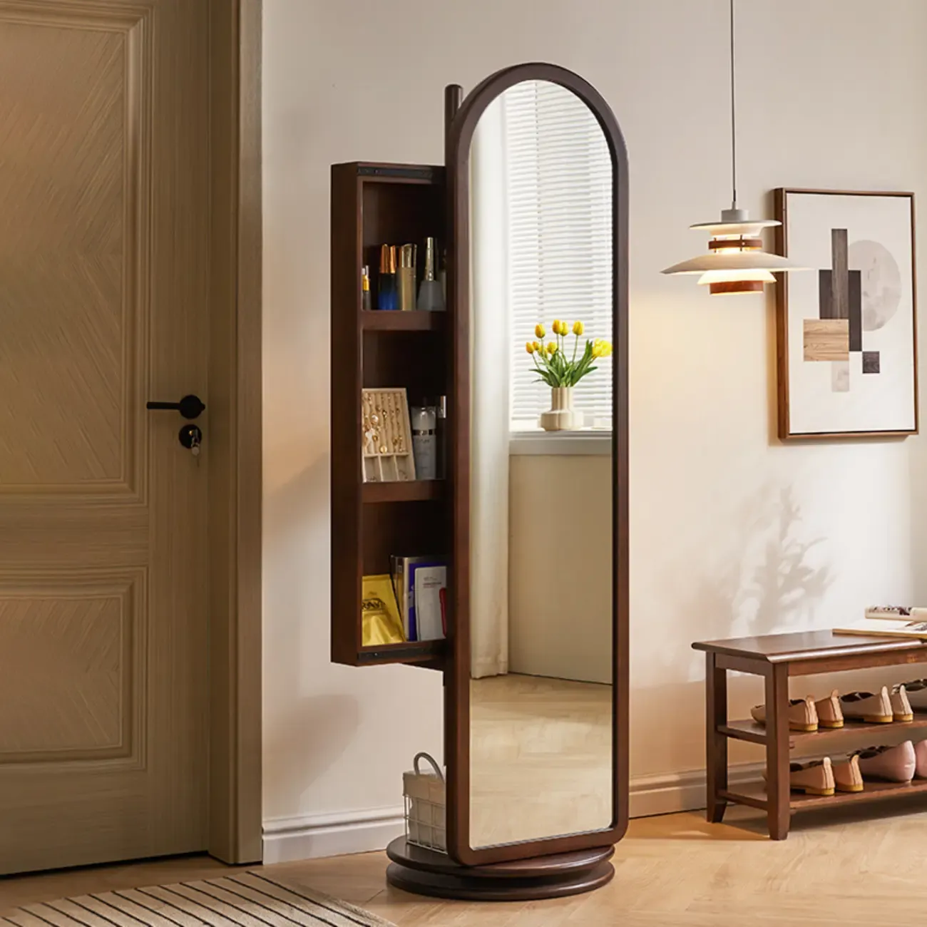 Wooden Hall Tree with Mirror & Storage Image - 1