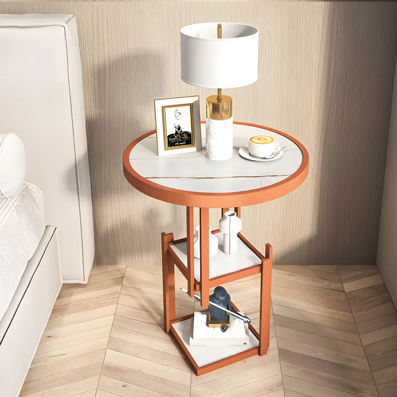 Simplistic Metal Round Nightstand with Open Cubby Marble Top Image - 4 | homeyfad