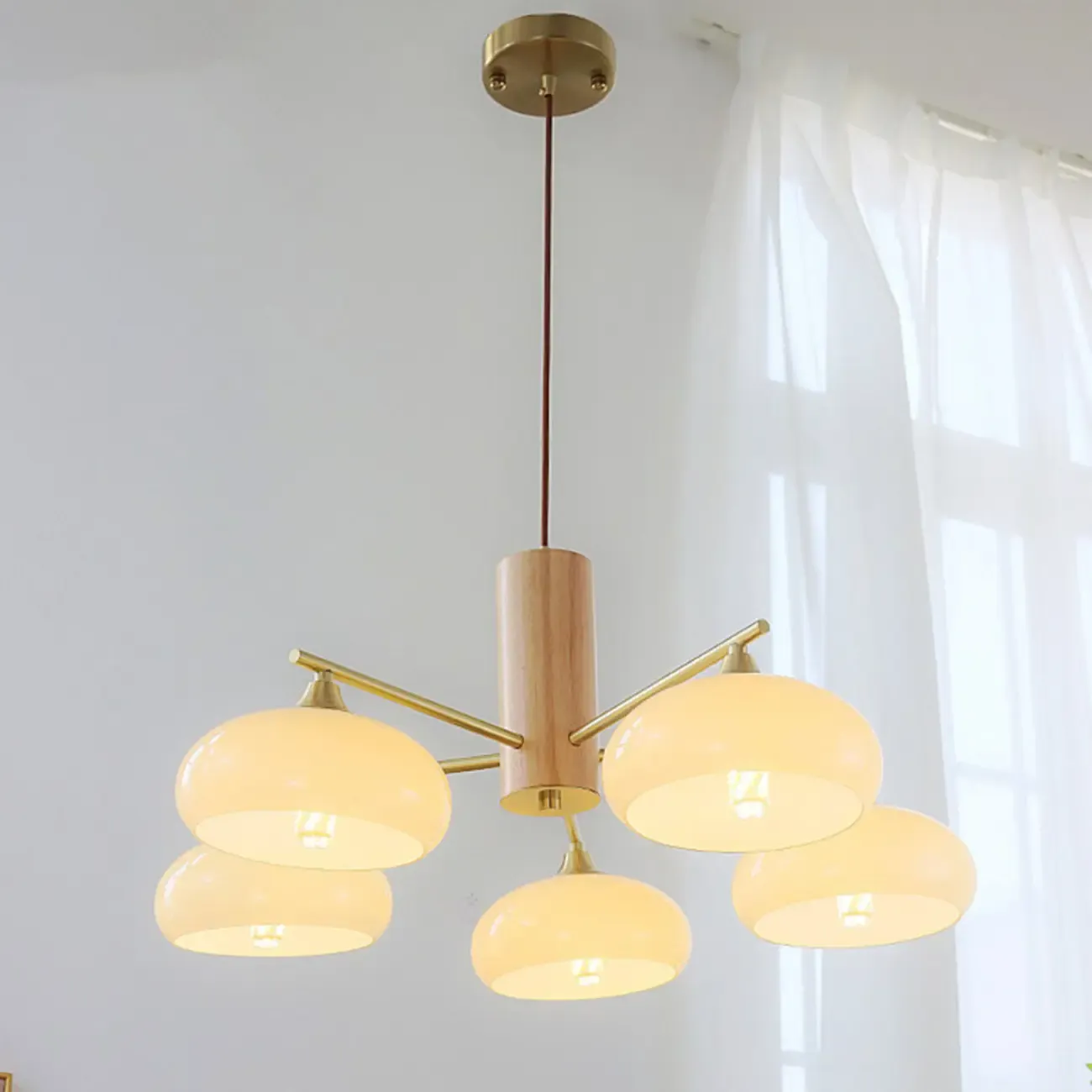 Modern Wood Pendant Chandelier with Glass Lampshade  Image - 6
