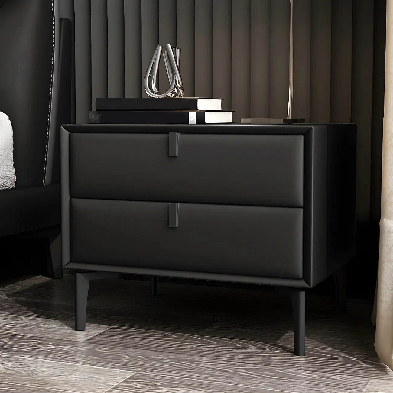 Modern Black Leather Bedside Table with Drawers Image - 1 | homeyfad