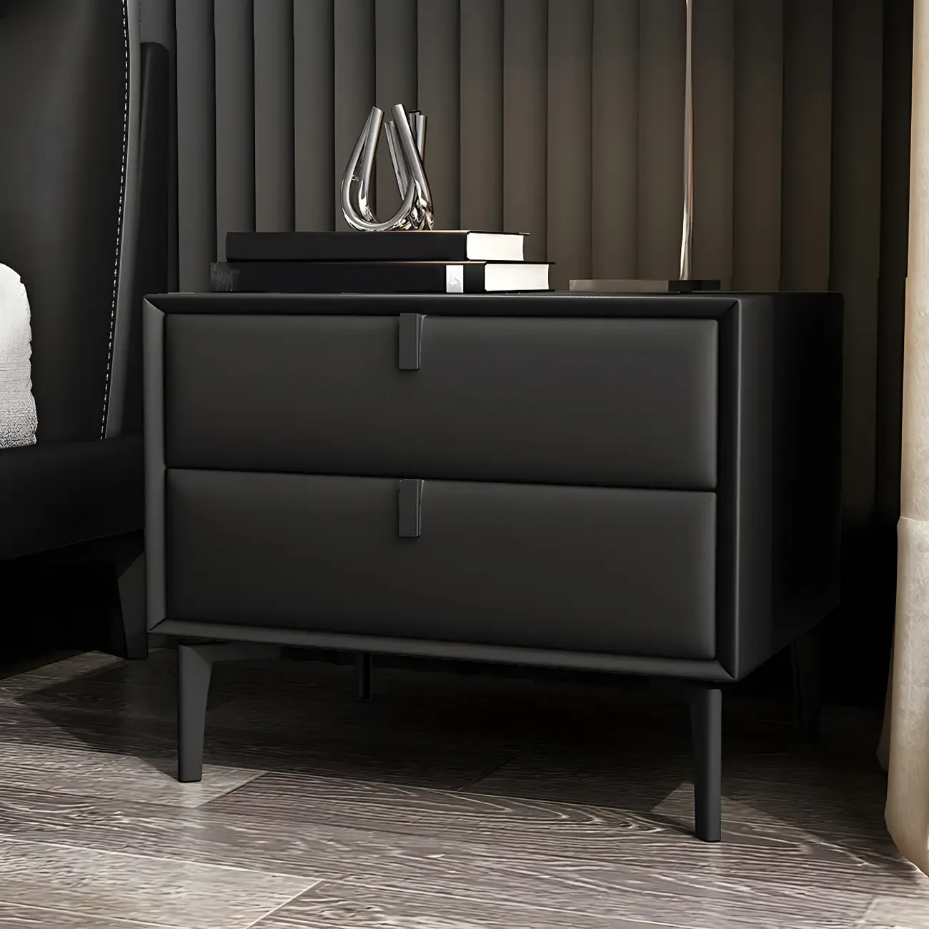 Modern Black Leather Bedside Table with Drawers Image - 1