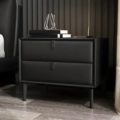 Modern Black Leather Bedside Table with Drawers Image - 1