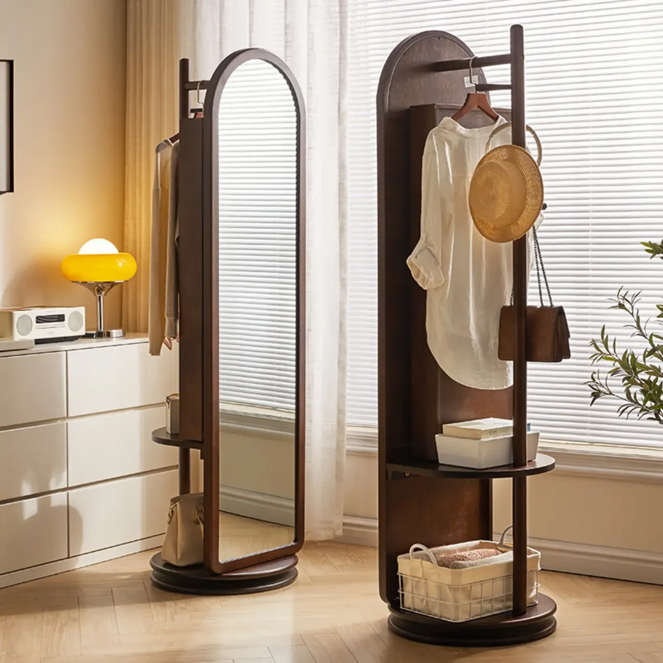 Wooden Hall Tree with Mirror & Storage Image - 2
