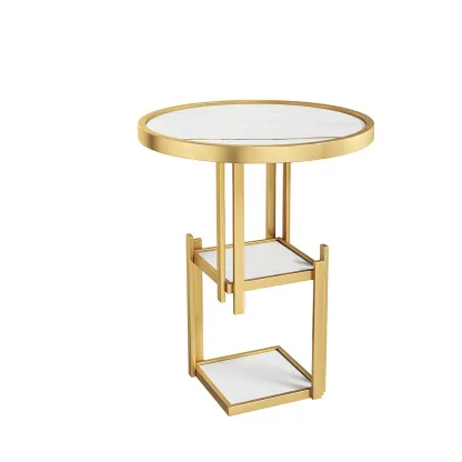 Simplistic Metal Round Nightstand with Open Cubby Marble Top Image - 5