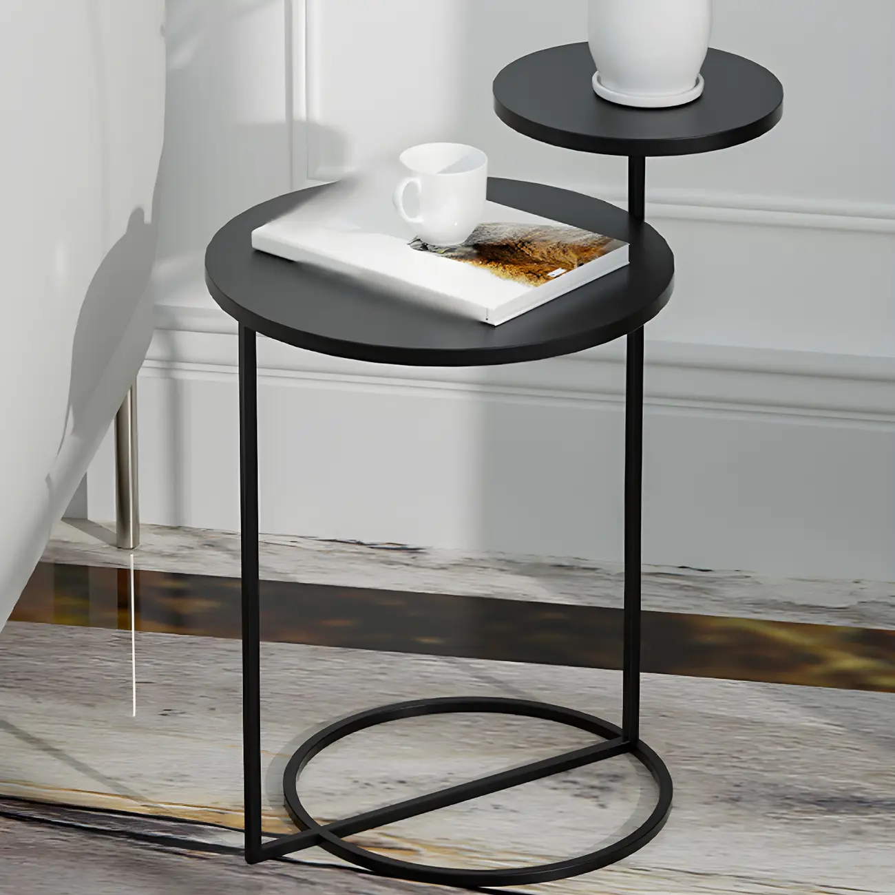 Minimalist Round Metal Bedside Table in Black without Storage Image - 18 | homeyfad