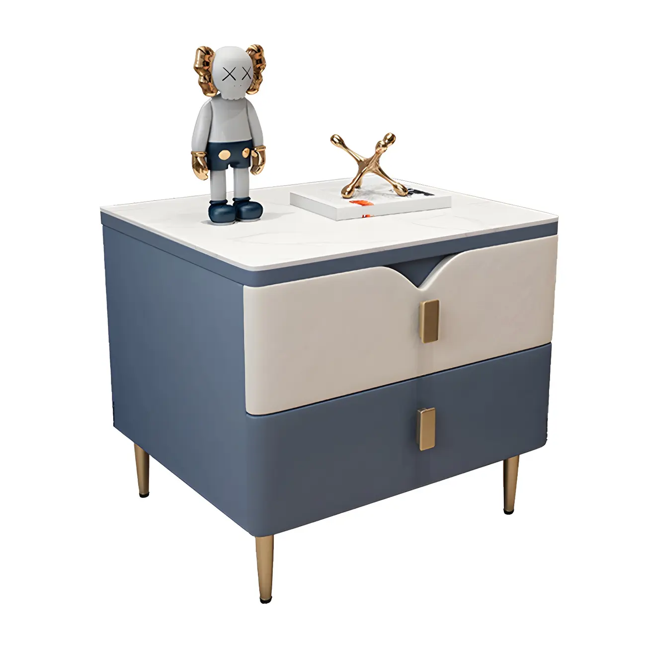 Modern Wooden Color Block Bedside Table with Stone Top 2 Drawers Image - 9 | homeyfad