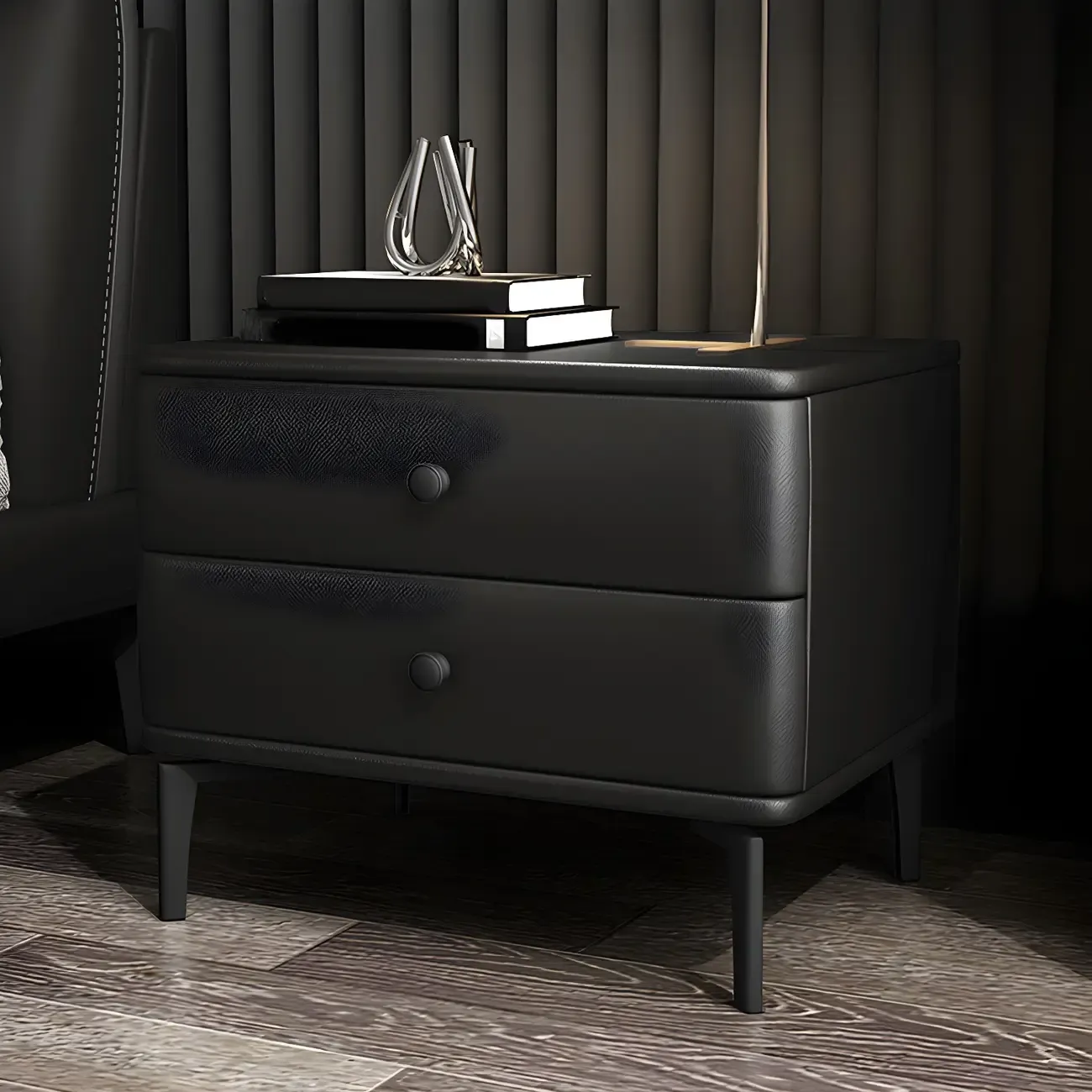 Modern Black Leather Bedside Table with Drawers Image - 3