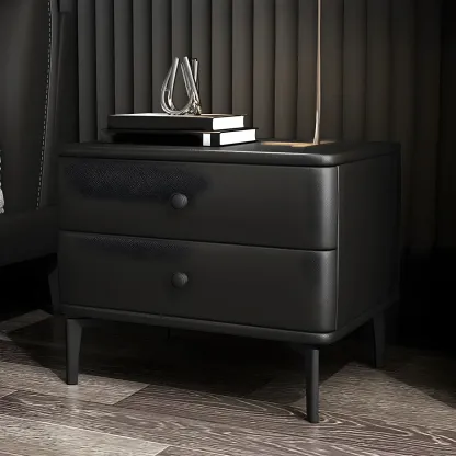 Modern Black Leather Bedside Table with Drawers Image - 3