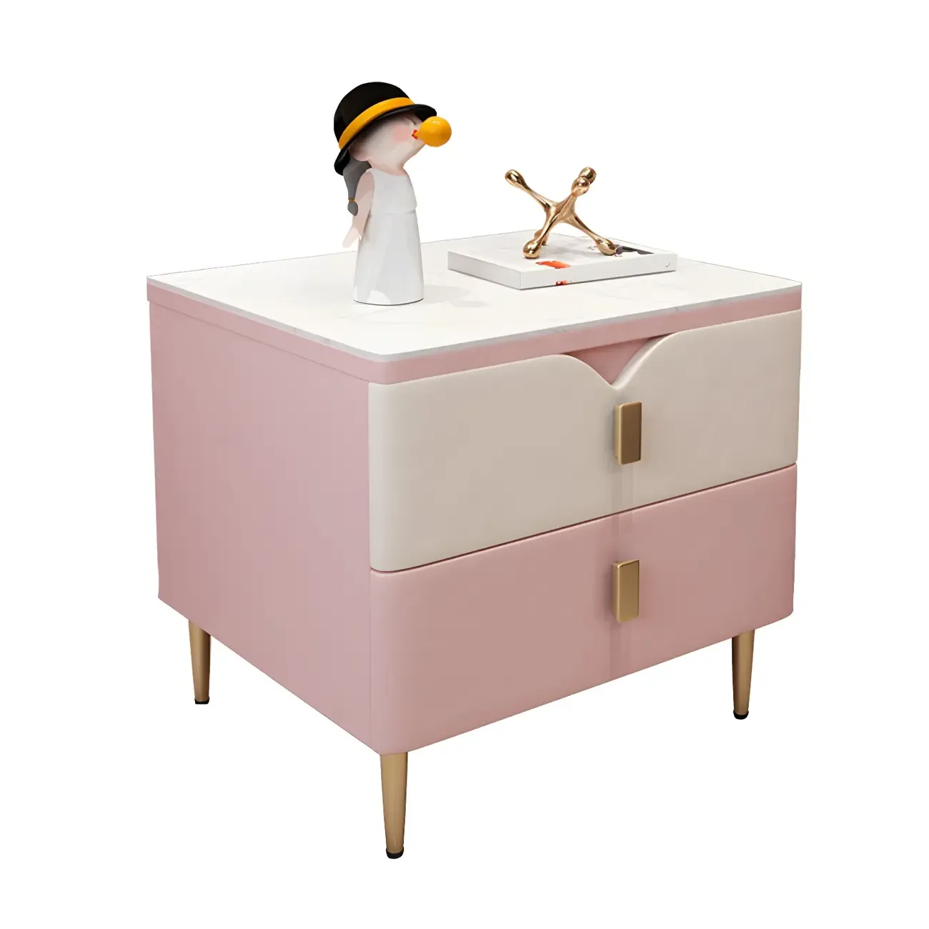 Modern Wooden Color Block Bedside Table with Stone Top 2 Drawers Image - 10