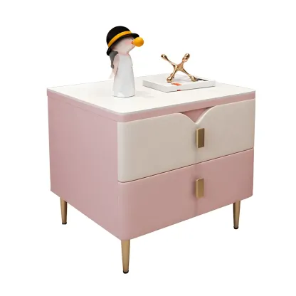 Modern Wooden Color Block Bedside Table with Stone Top 2 Drawers Image - 10