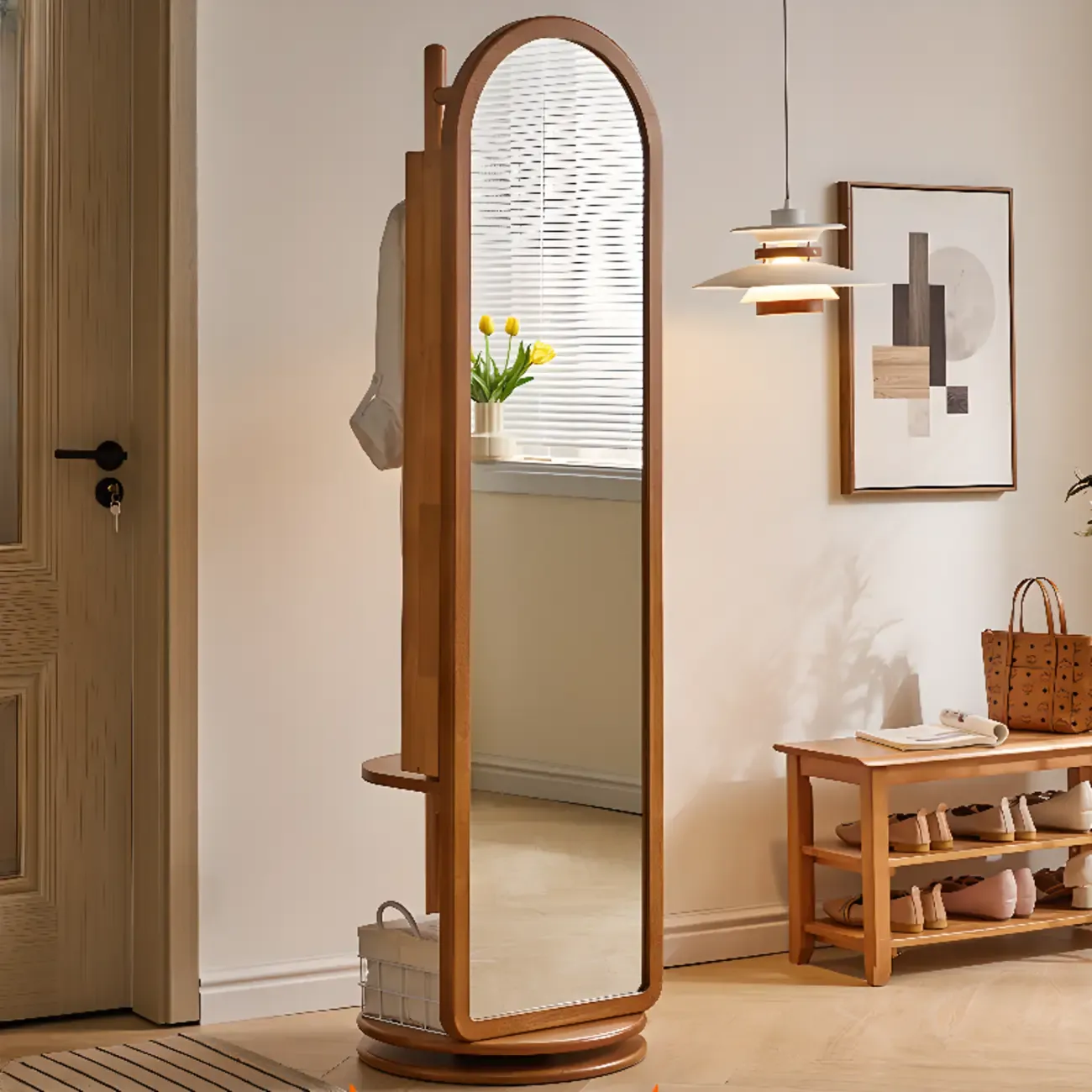 Wooden Hall Tree with Mirror & Storage Image - 3