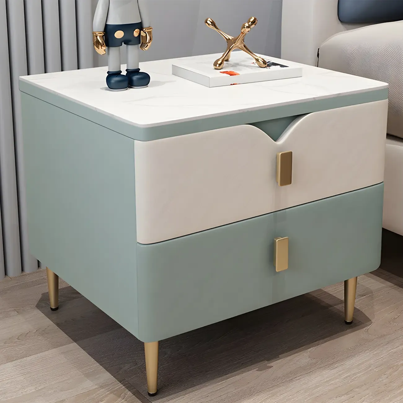 Modern Wooden Color Block Bedside Table with Stone Top 2 Drawers Image - 11