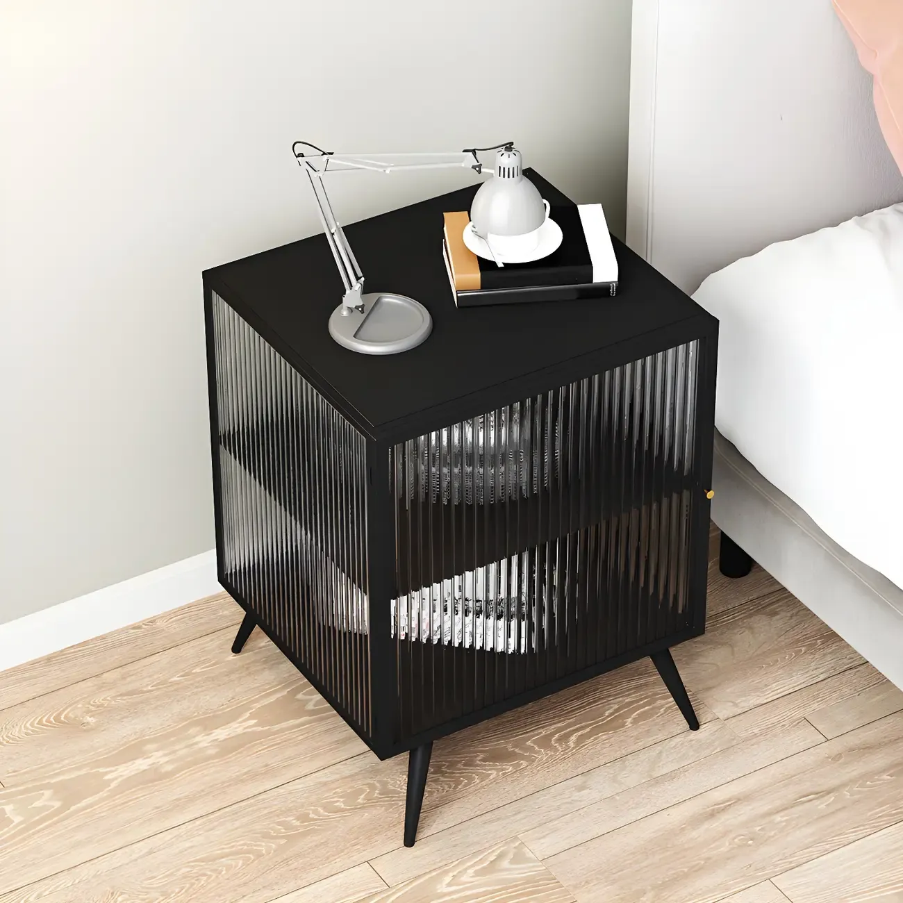Modern Black Metal Bedside Table with Glass Shelving Image - 1