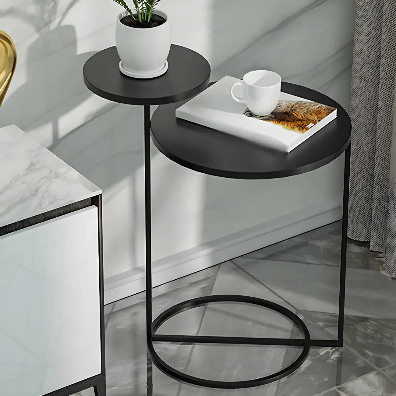 Minimalist Round Metal Bedside Table in Black without Storage Image - 20