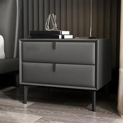 Modern Black Leather Bedside Table with Drawers Image - 4