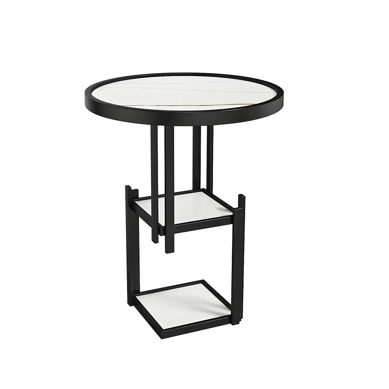 Simplistic Metal Round Nightstand with Open Cubby Marble Top Image - 8