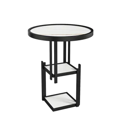 Simplistic Metal Round Nightstand with Open Cubby Marble Top Image - 8