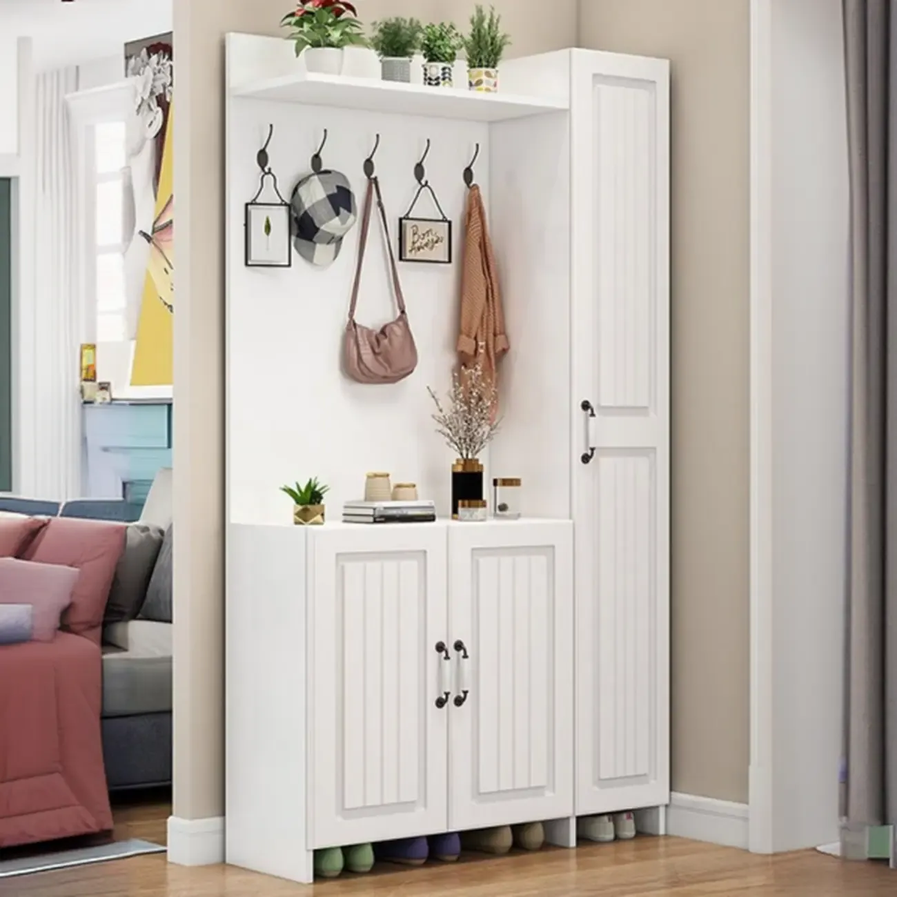 Modern White Hall Tree with Cabinets and Shelves Image - 1