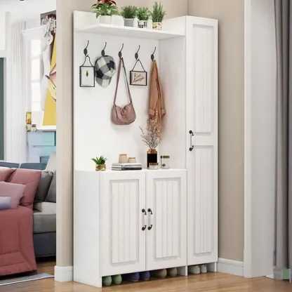 Modern White Hall Tree with Cabinets and Shelves Image - 1