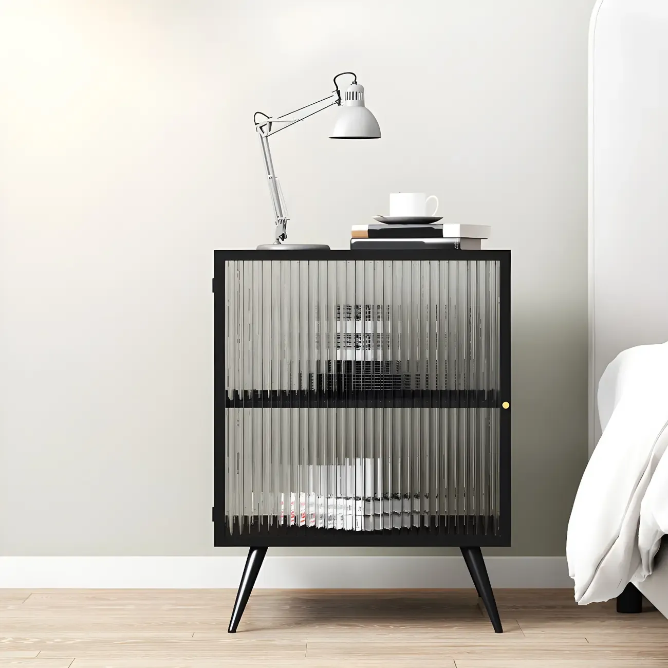Modern Black Metal Bedside Table with Glass Shelving Image - 2
