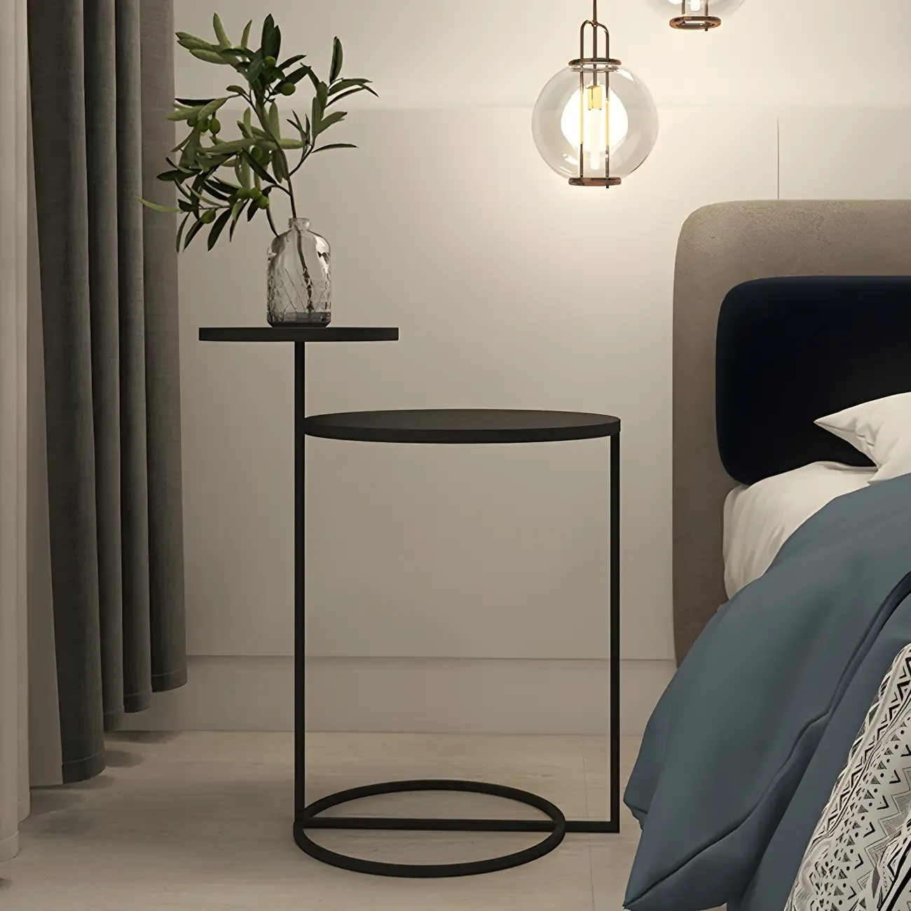 Minimalist Round Metal Bedside Table in Black without Storage Image - 21