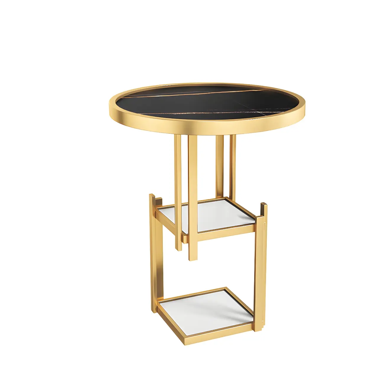 Simplistic Metal Round Nightstand with Open Cubby Marble Top Image - 9 | homeyfad