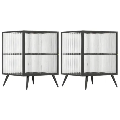 Modern Black Metal Bedside Table with Glass Shelving Image - 3