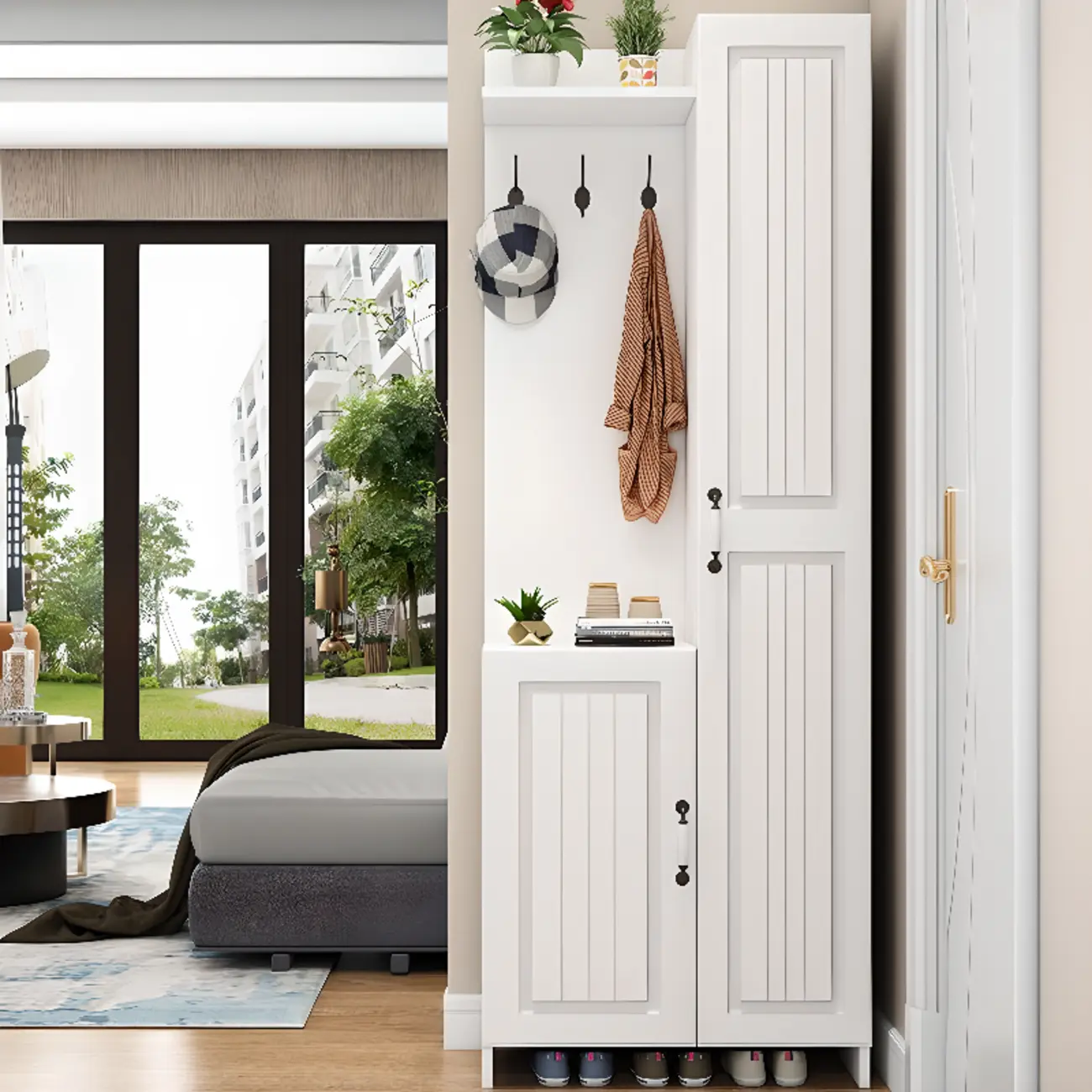 Modern White Hall Tree with Cabinets and Shelves Image - 2 | homeyfad