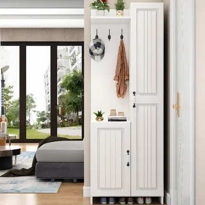 Modern White Hall Tree with Cabinets and Shelves Image - 2