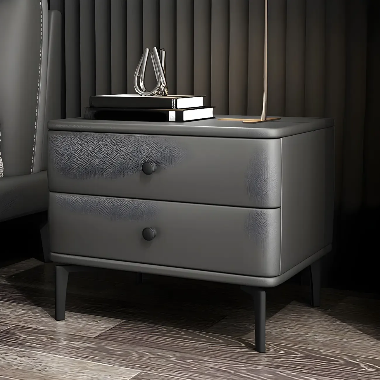 Modern Black Leather Bedside Table with Drawers Image - 6