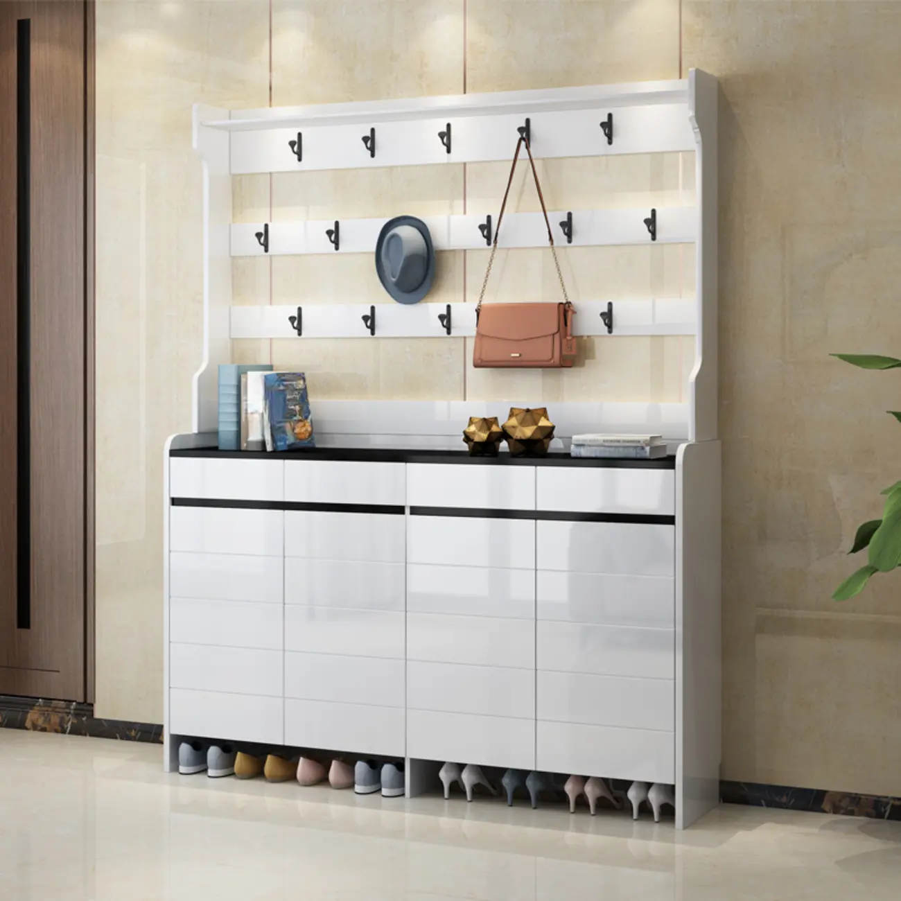 Modern White Wooden Hall Tree with Shoe Storage and Bench Image - 1 | homeyfad