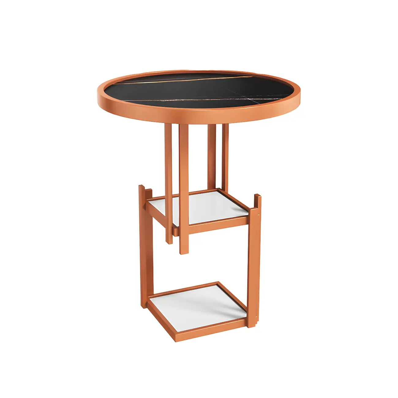 Simplistic Metal Round Nightstand with Open Cubby Marble Top Image - 10 | homeyfad