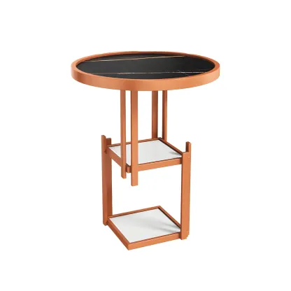 Simplistic Metal Round Nightstand with Open Cubby Marble Top Image - 10