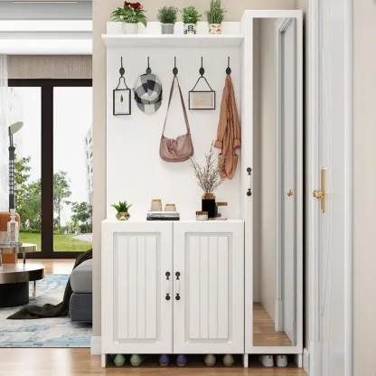 Modern White Hall Tree with Cabinets and Shelves Image - 3