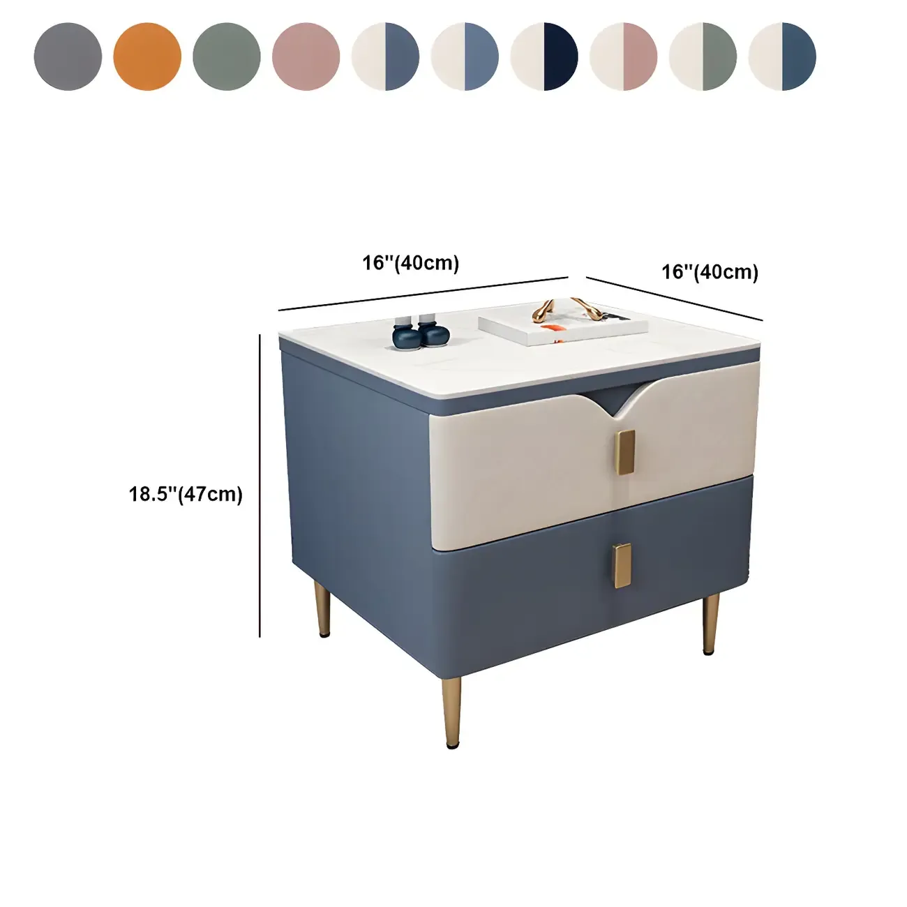 Modern Wooden Color Block Bedside Table with Stone Top 2 Drawers #size