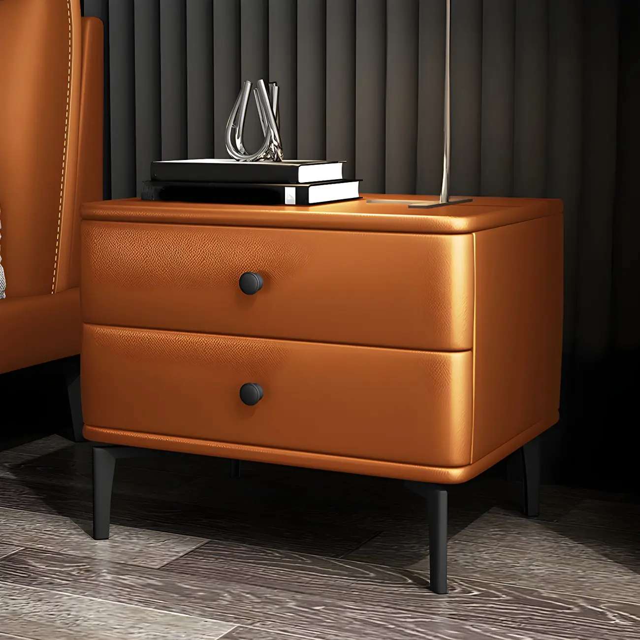 Modern Black Leather Bedside Table with Drawers Image - 7 | homeyfad