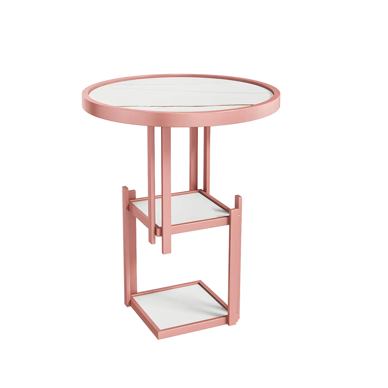 Simplistic Metal Round Nightstand with Open Cubby Marble Top Image - 11 | homeyfad