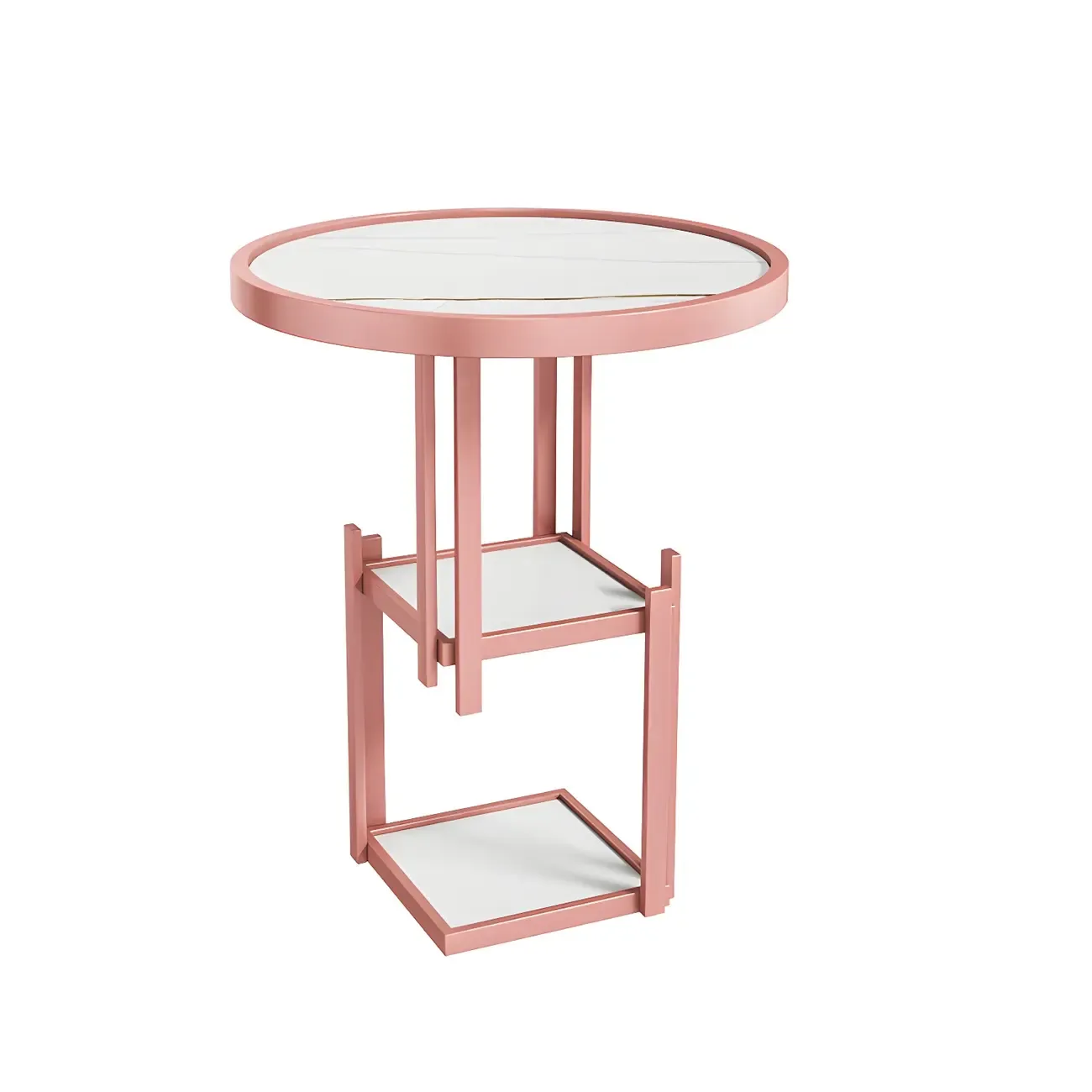 Simplistic Metal Round Nightstand with Open Cubby Marble Top Image - 11