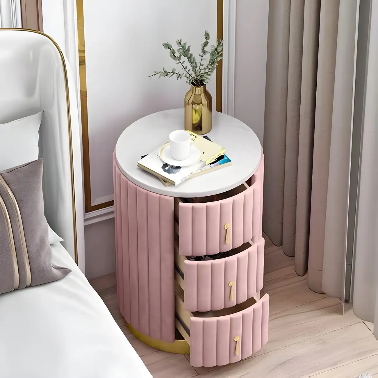 Stylish Pink Round Bedside Table with 3 Drawers and Marble Top Image - 1